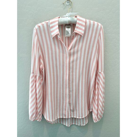 CHICO’S | Pink & White Stripe Lightweight Button Front Balloon Sleeve Top |Small - Picture 1 of 6